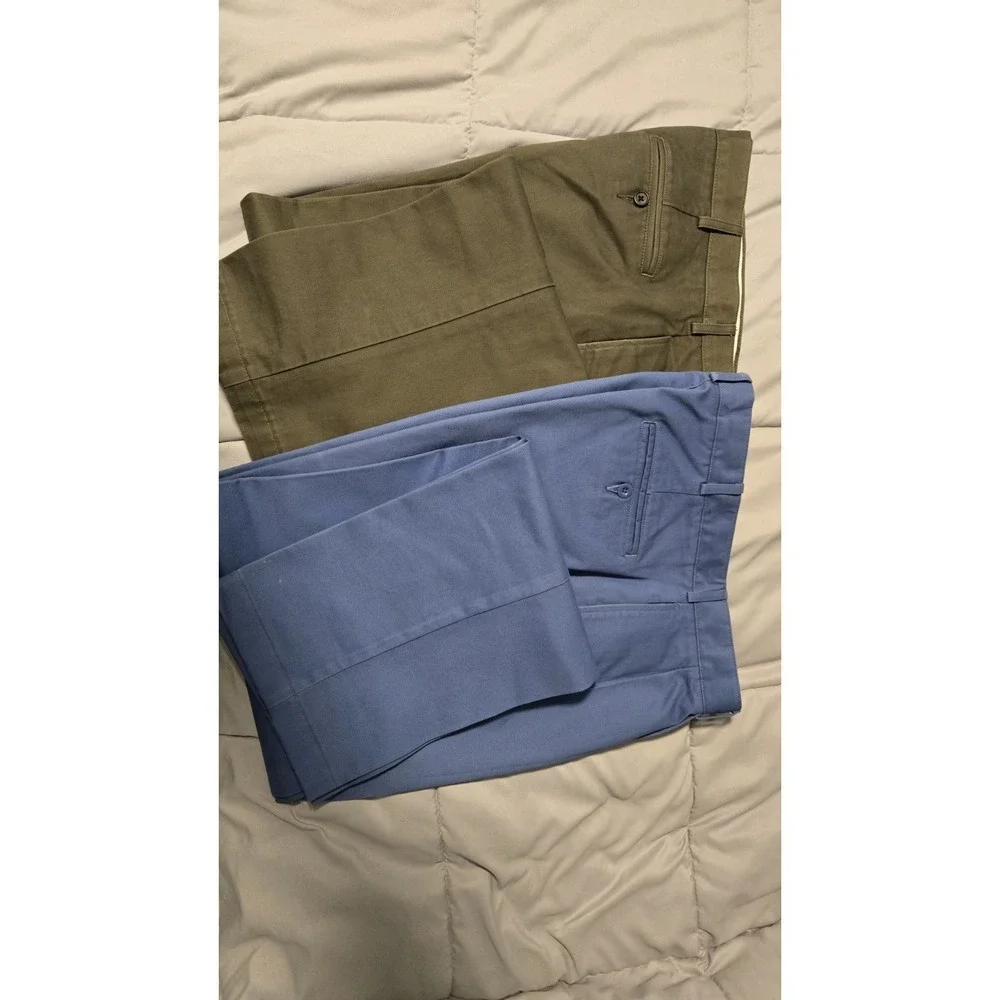 Lot 2 Lands' End Men's Chino Pants ~ 34x32 Tailored Fit Blue & Olive Cotton PICS